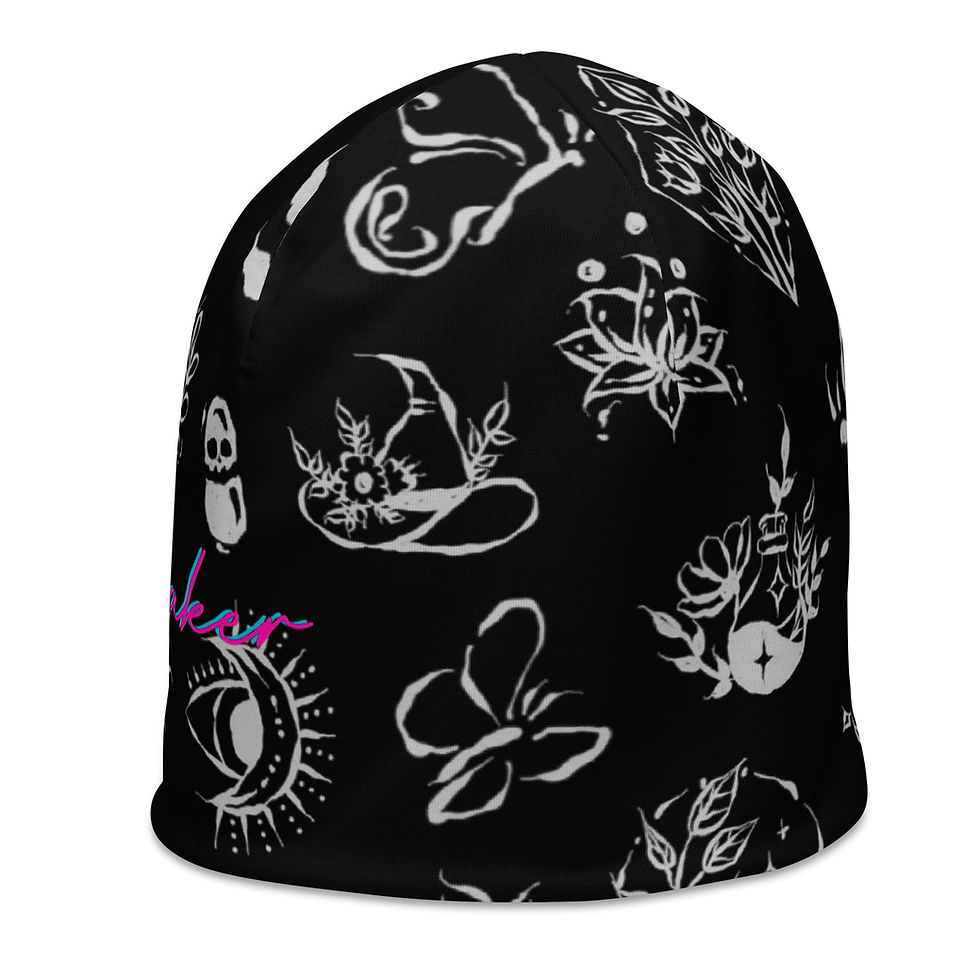 Thumbnail: Spooky Flash White All-Over Print Beanie - Spooky & Neon by Ilia