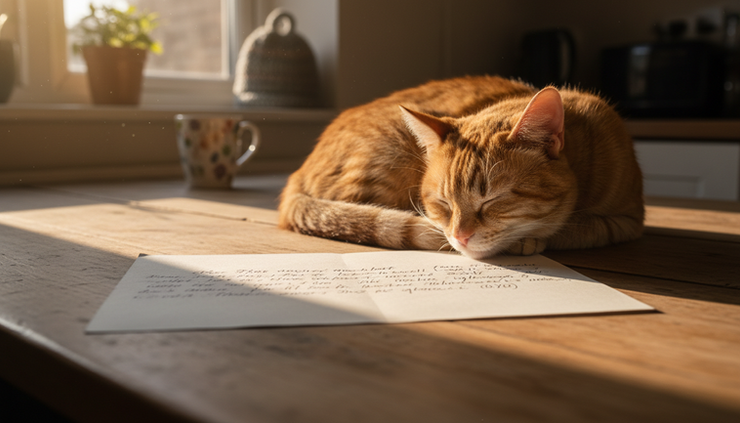 Wide-angle view of a handwritten letter beside a sleeping cat on a kitchen table