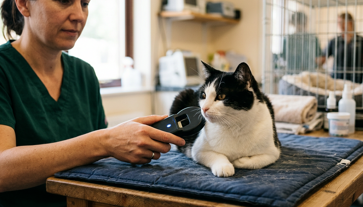 Close-up view of a handheld scanner being used near a relaxed cat