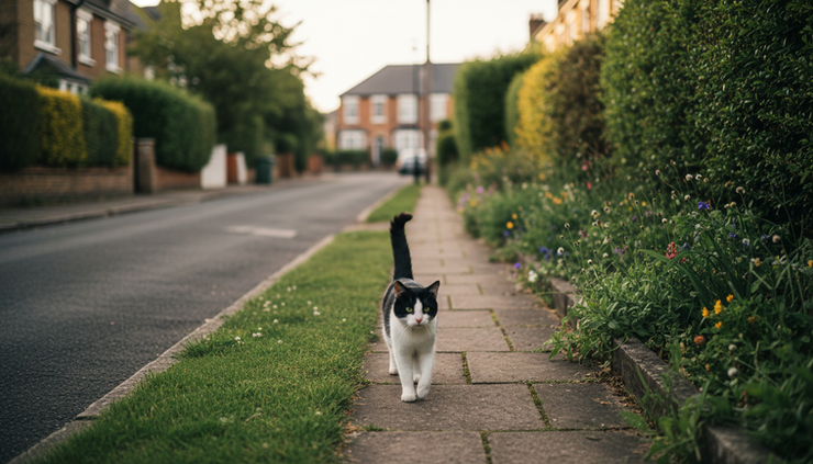 Low-angle view of a cat walking along a safe garden path near a quiet street