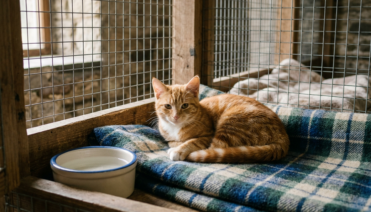 Wide-angle view of a rescue cat resting in a quiet shelter pen