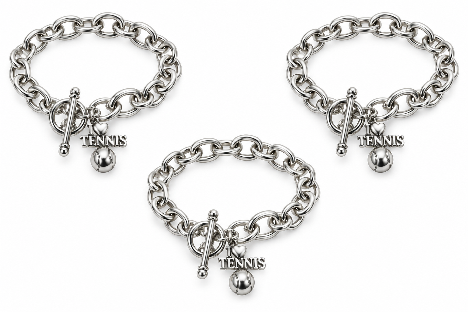 I Love Tennis Charm Bracelet – 3-Pack | Silver-Tone Tennis Jewelry