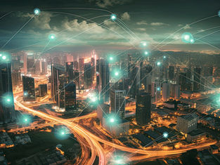 Illuminated city skyline at night with glowing network nodes and connected lines, symbolizing digital connectivity. Vibrant and futuristic. A city also illuminating with questions such as how can i switch to a reliable managed it service provider in Virginia for bette