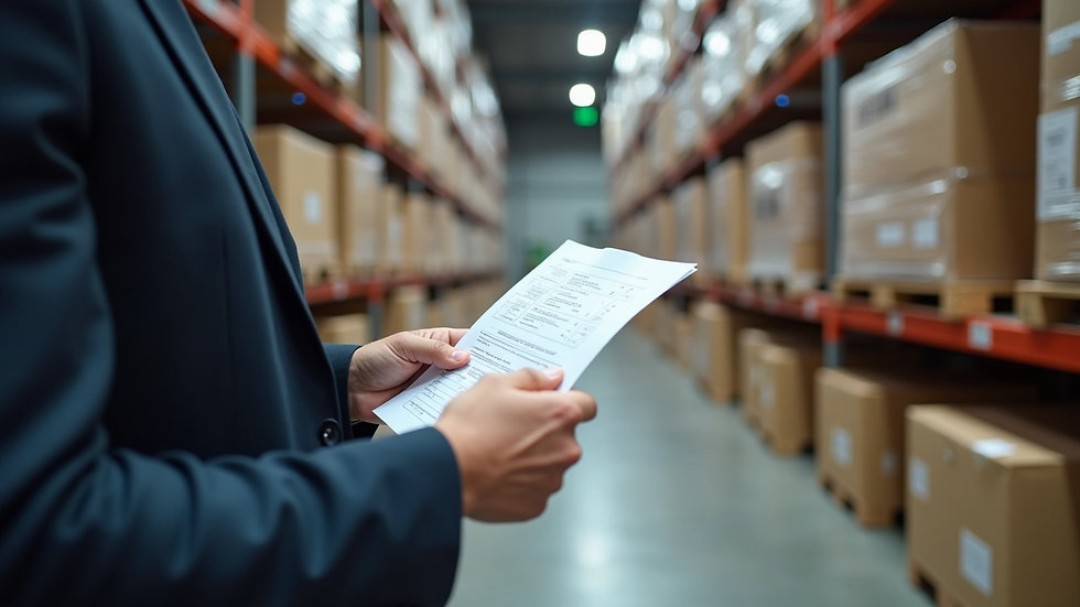 Eye-level view of a businessperson reviewing shipment documents at a warehouse