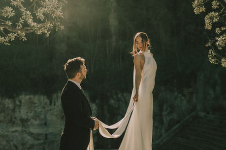 Bride in KYHA gown at Teatre Grec, Barcelona — editorial photography by Riccardo Riccio
