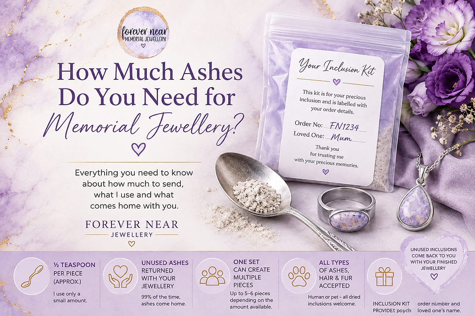 Forever Near Jewellery guide showing how much ashes are needed for memorial jewellery, with an inclusion kit and memorial ashes jewellery