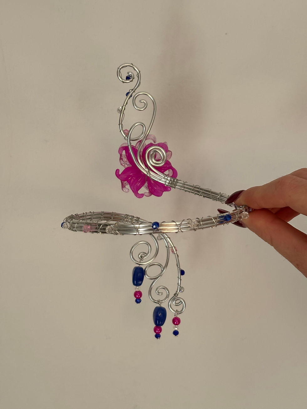 Thumbnail: Magenta Blue Dangly Flower Silver Wire Arm Cuff