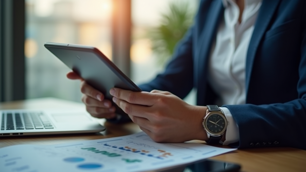 Close-up view of a person using a tablet to review financial charts