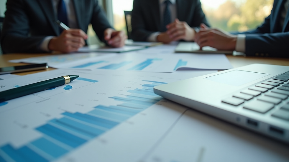 High angle view of a business meeting with financial charts and laptops