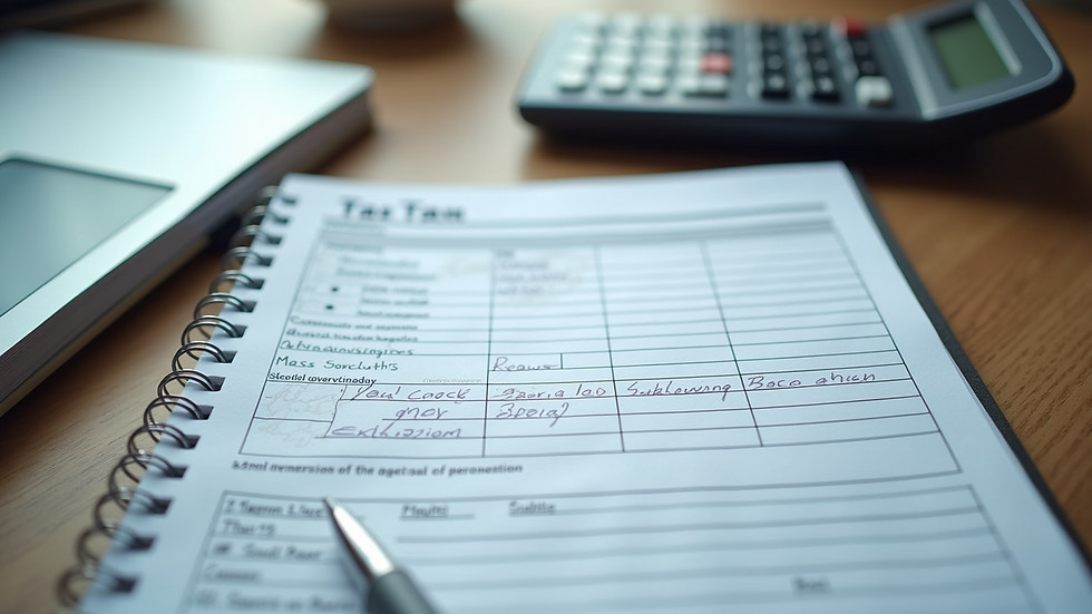 High angle view of a notepad with tax documents and a calculator