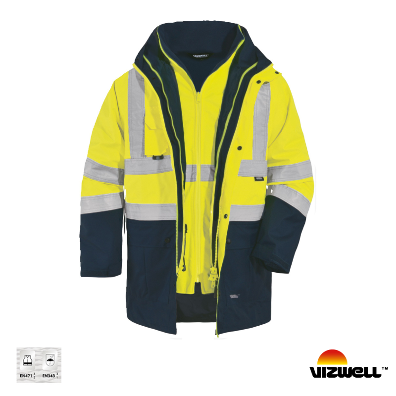 Vizwell VWJK-44 5in1 Reflektörlü Parka Kaban Sarı Lacivert İş Montu
