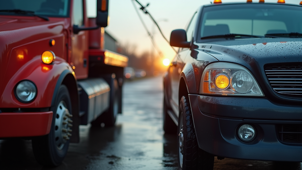 Close-up view of a tow truck driver hooking up a car for towing