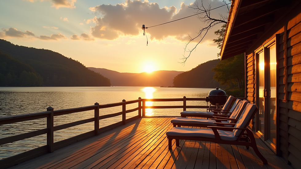 Wide angle view of a houseboat deck with chairs and a grill overlooking Norris Lake at sunset