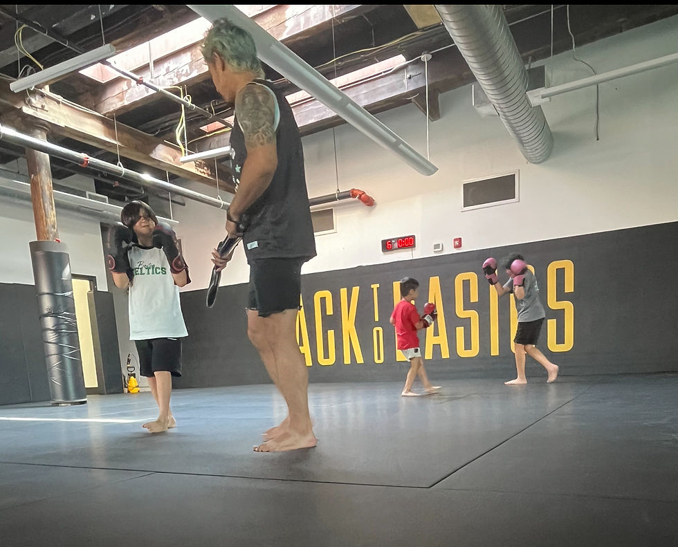 Martial Arts Kids in a gym practicing boxing, wearing gloves. Two pairs spar on a matted floor, with a yellow and black "BACK TO BASICS" wall behind them.