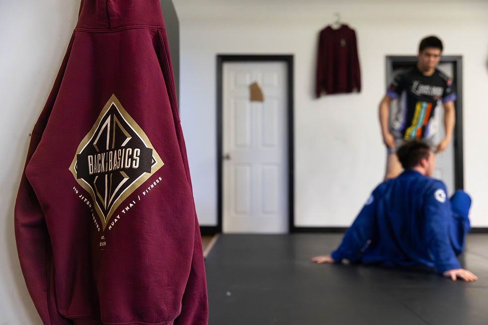 Maroon hoodie with "BACK BASICS" logo on wall. Two people in martial arts gear practice on the Boston jiu jitsu mat in a room with door and framed wall.