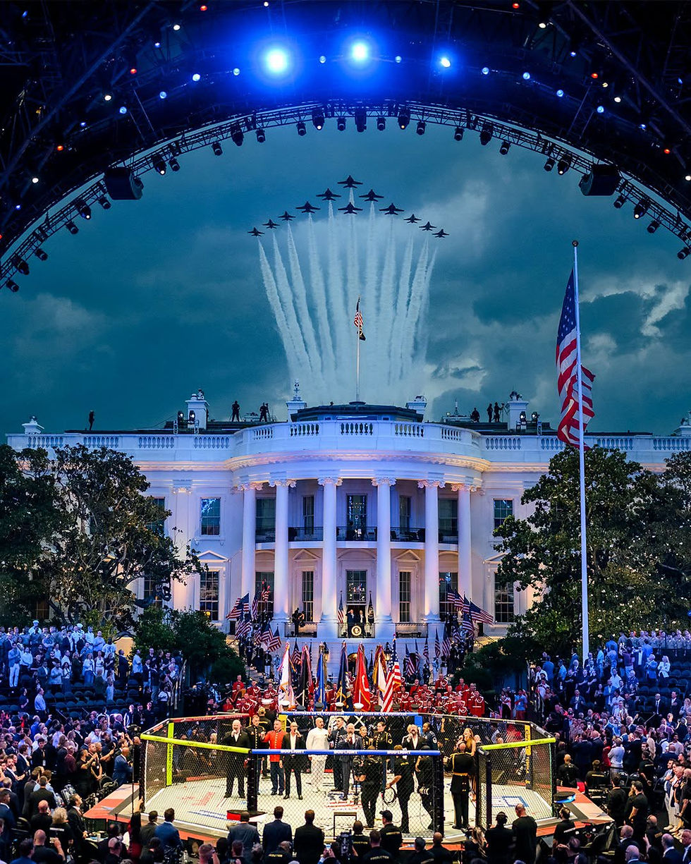 Jets fly over the White House at a patriotic event, with a crowd, stage, and U.S. flags under blue lights. Right Before 
Boston jiu jitsu and other martial arts were displayed