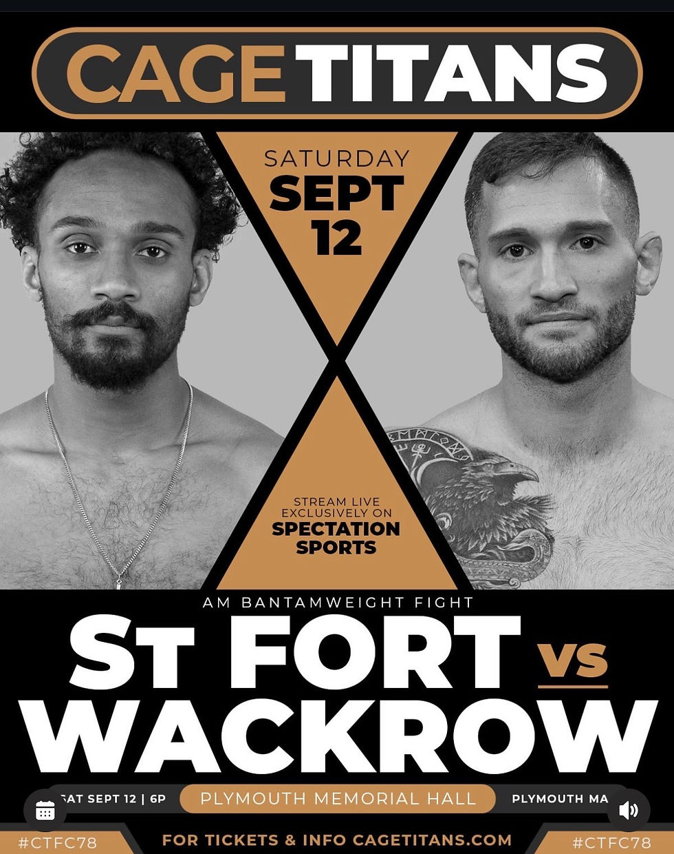 Boston MMA fight poster for Cagetitans: St Fort vs Wackrow, Sept. 12 at Plymouth Memorial Hall, live on Spectation Sports.