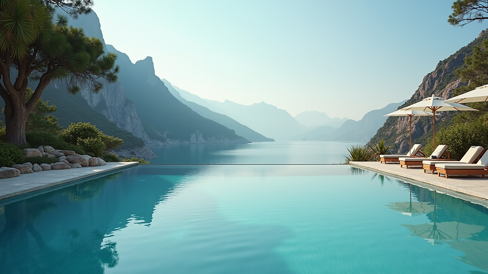Wide angle view of luxury resort pool with mountain backdrop