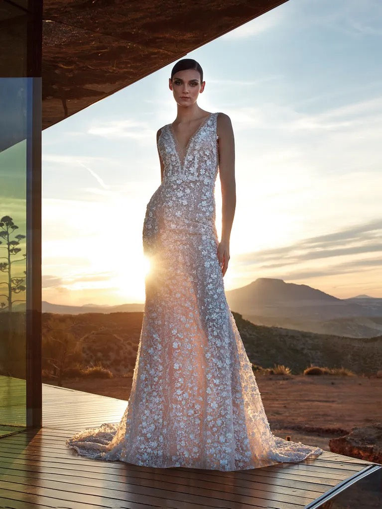 Thumbnail: Pronovias Diamond Beaded Fitted Wedding Dress with Plunging Neckline
