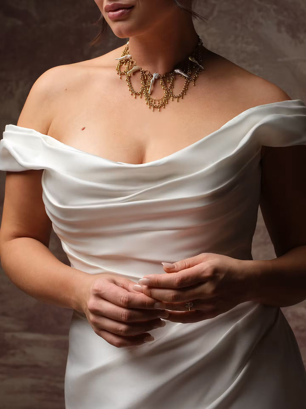 Maggie Sottero Recine Draped Off-the-Shoulder Satin Wedding Dress