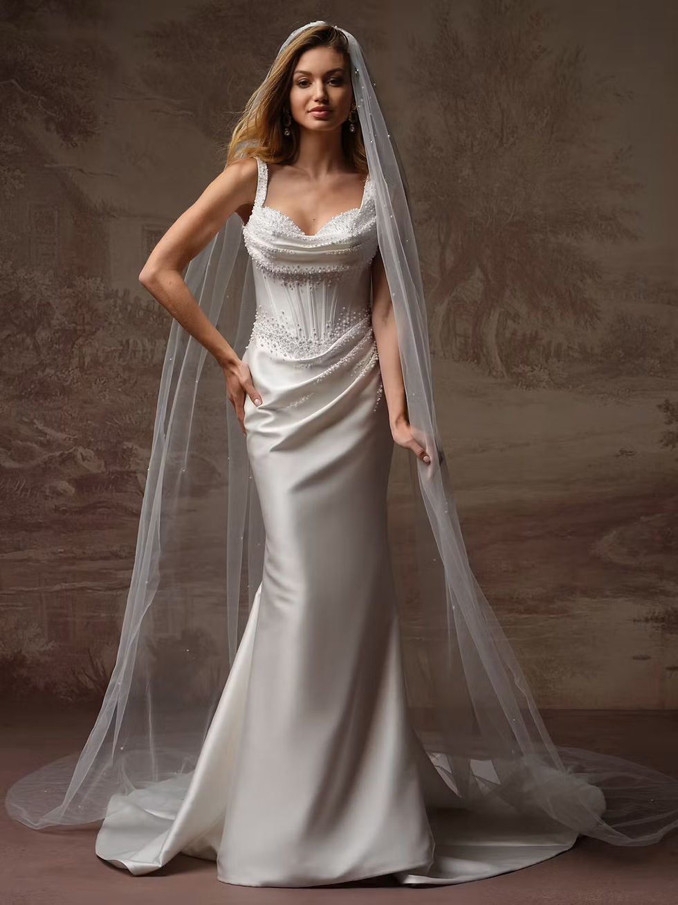 Maggie Sottero Melissa Marie Royal Satin Pearl Draped Wedding Dress