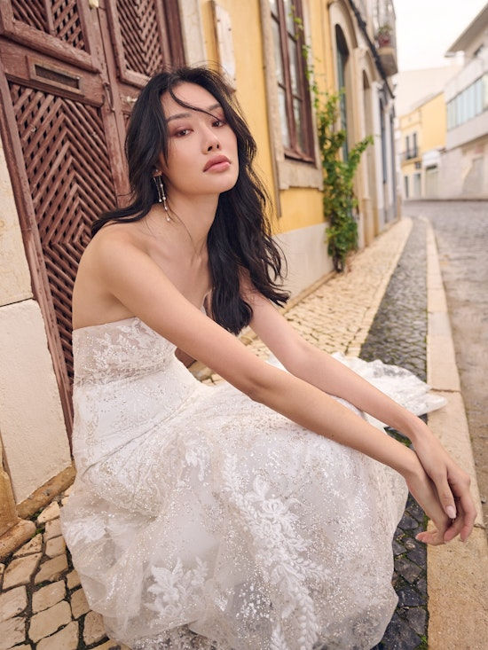 Thumbnail: Maggie Sottero Hailey sequin mermaid wedding dress with illusion neckline, glitter detail, and cap sleeves