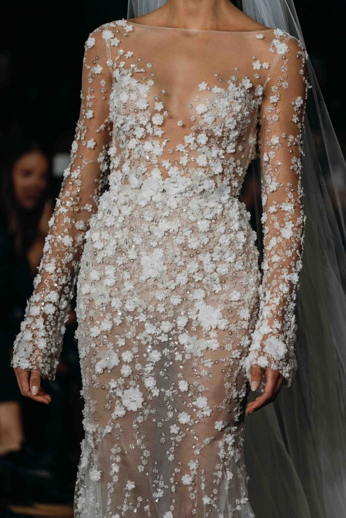 Thumbnail: Berta 25-P103 Sheer Deep V-Neck Floral Long Sleeve Wedding Dress