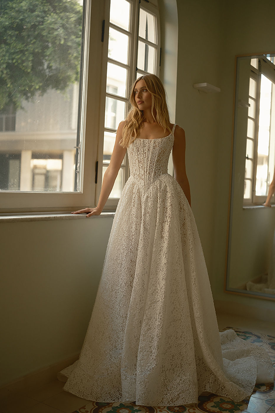 Berta 26-131 Scoop Back Basque Lace Wedding Dress