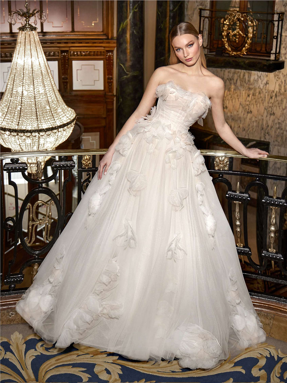 Pronovias Dyeus Strapless Princess Wedding Dress with 3D Florals Wedding Dress