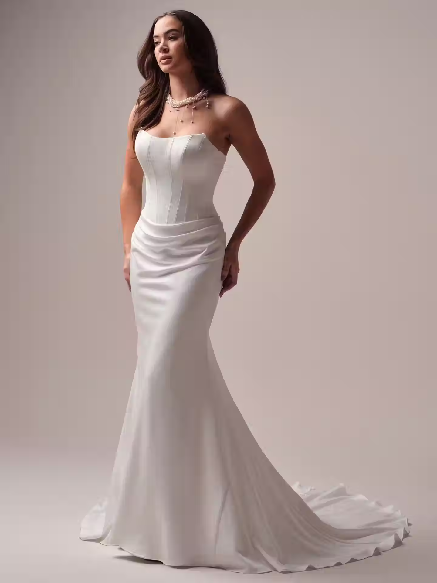Maggie Sottero Forsythia Ruched Satin Corset Sheath Wedding Dress