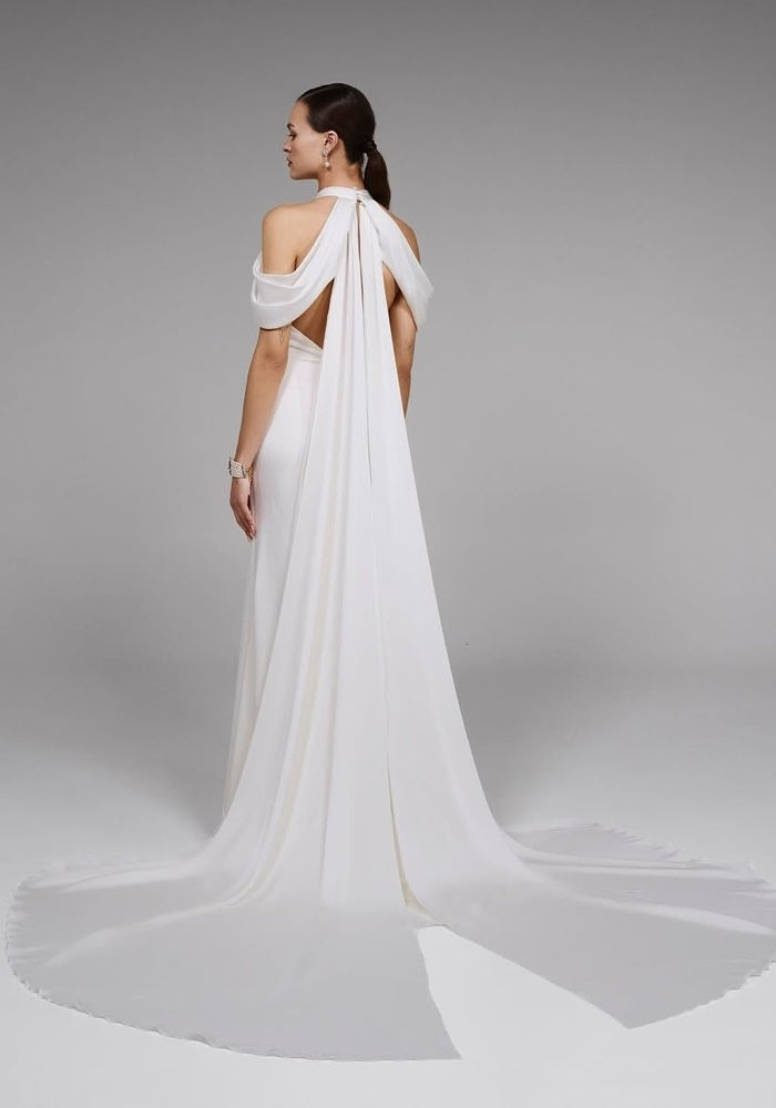 Thumbnail: Pronovias Elvinia Satin Halterneck Sheath Wedding Dress