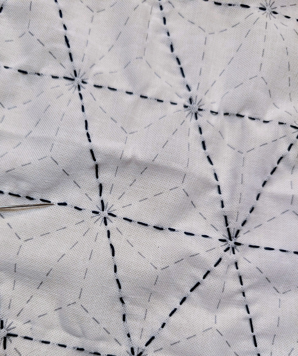 Asanoha sashiko stitching sampler, indigo thread on white fabric