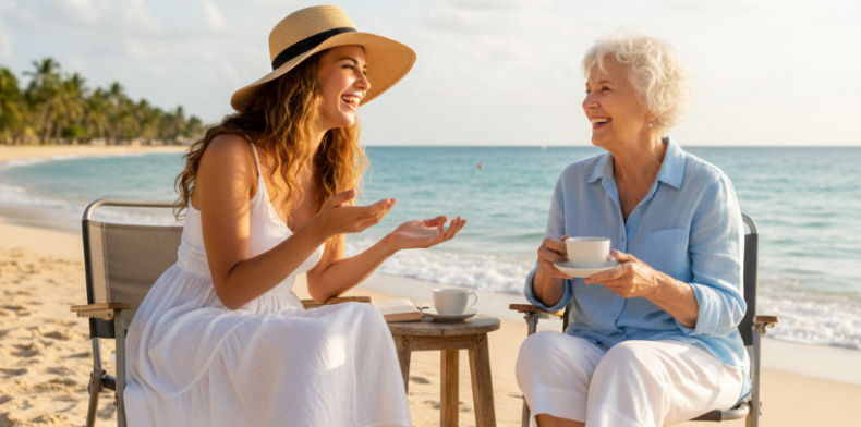Une jeune femme discute avec une dame âgée sur la plage