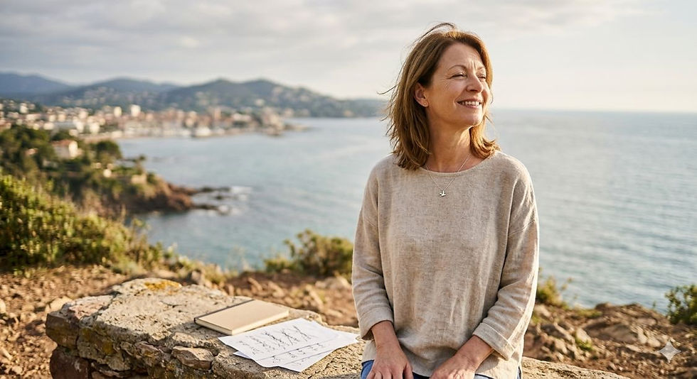 Femme heureuse assise sur un banc sur une corniche avec la mer en arrière fond. Elle heureuse de ne plus souffrir du sentiment d'injustice