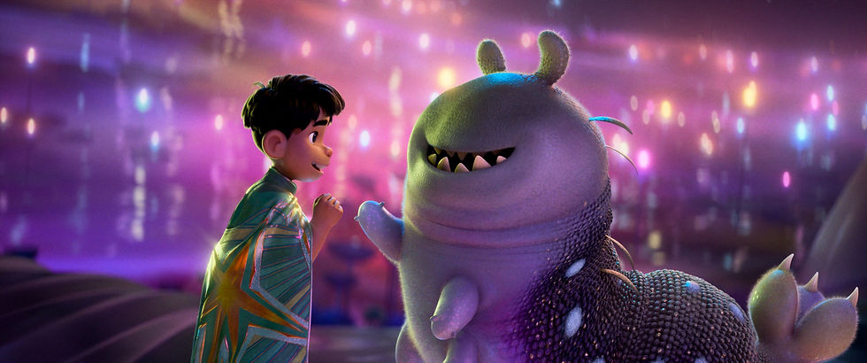 A boy and a smiling creature touch hands in a colorful, glowing setting. The boy wears a star-patterned cape, creating a joyful mood.