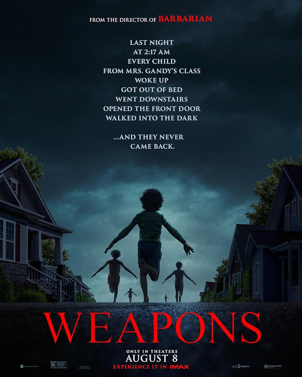 Silhouetted children run down a suburban street at night. Dark, moody atmosphere. Text: Last night, 2:17 AM, they vanished. Title: Weapons.