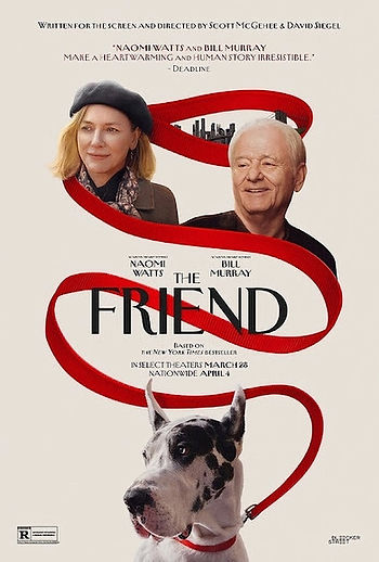 Movie poster with a man, woman, and Great Dane connected by a red ribbon. Text: "The Friend." Urban skyline background. Cozy mood.