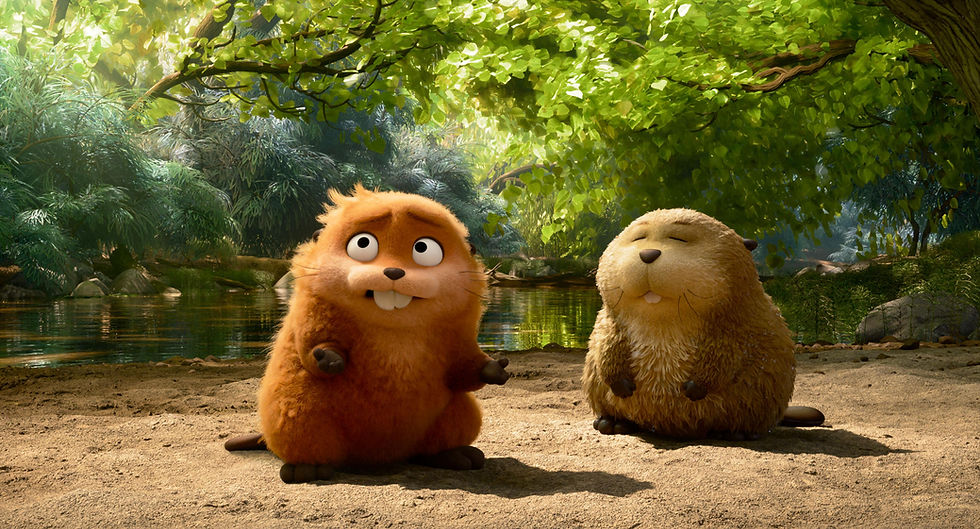 Two cartoon beavers sit on sandy ground near a river, surrounded by lush green foliage. One appears curious, the other content.