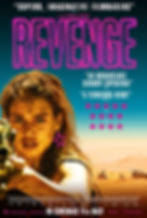 Woman holding a gun with determined expression in a desert setting. Text "REVENGE" in bold pink, film release details for 11th May.