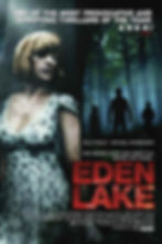 Woman in a floral dress stands by a tree, looking tense. Background shows silhouettes in a forest. Text: "Eden Lake," "thriller," "stars."