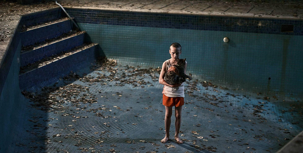 A child in an empty, leaf-filled pool holds a cat, wearing an orange outfit. The setting is dimly lit, creating a somber atmosphere.