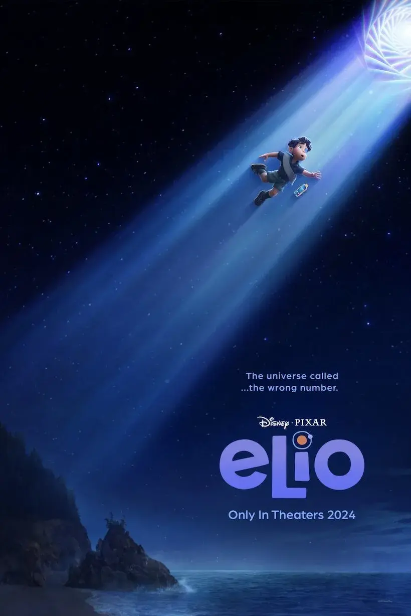 A boy is lifted by a beam of light into a starry sky, ocean below. Text reads: "The universe called...the wrong number. Disney Pixar Elio, Only In Theaters 2024."
