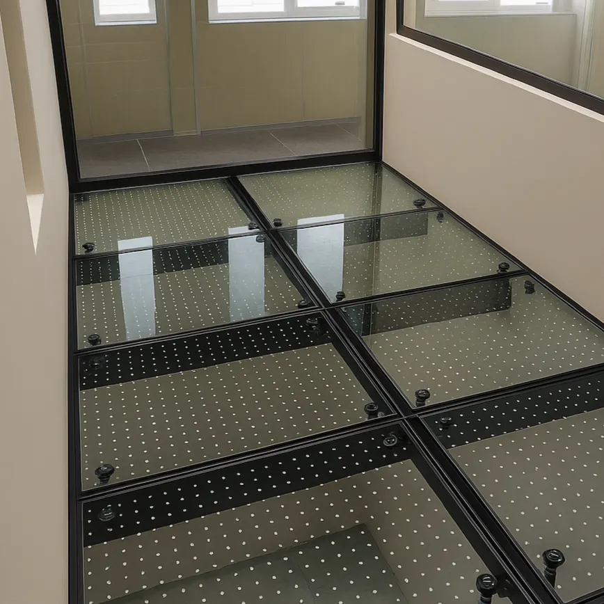 floor glass panels making an upper walkway