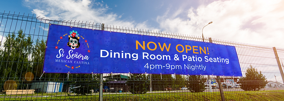 vinyl custom banner printing for advertising in blue with an image and white text