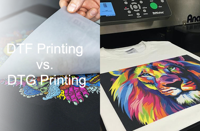an image showing the difference between DTG and DTF printing