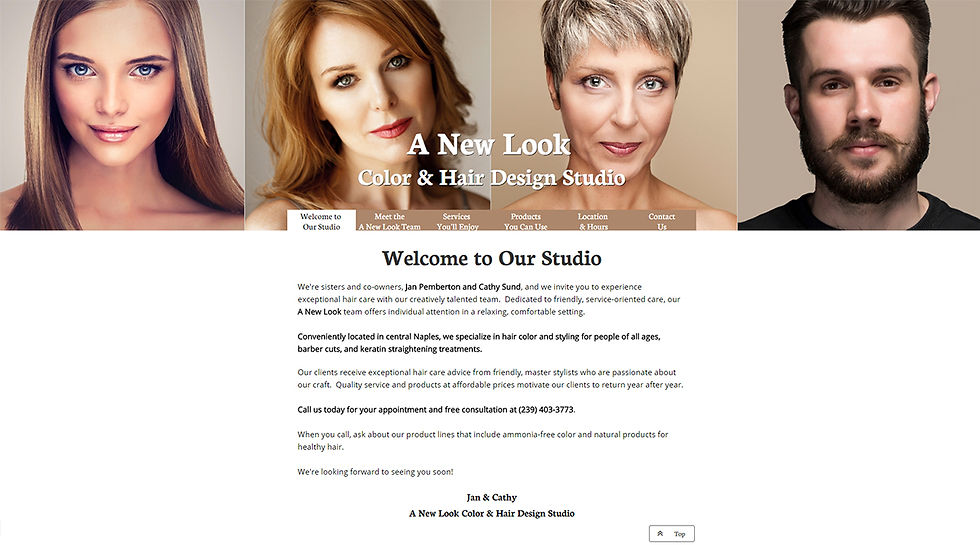 Website Home page design: A New Look Color & Hair Design Studio, Welcome to Our Studio. Click to visit PDF of site pages.