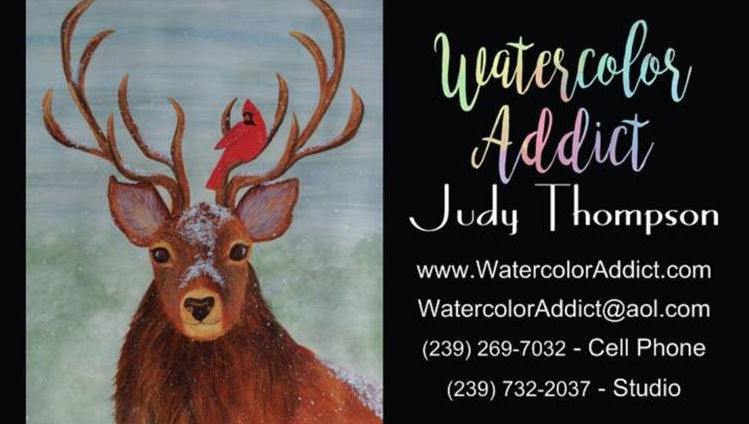 Standard business card back: Watercolor Addict, Judy Thompson, and contact information with image of the deer and cardinal.