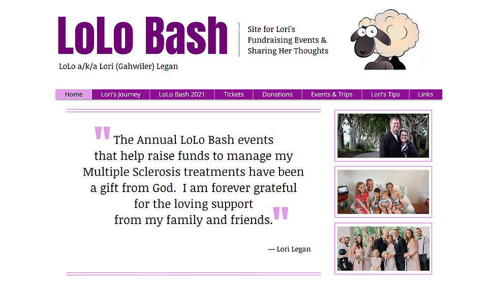 Website Home page design: LoLo Bash Site for Lori’s Fundraising Events and Sharing Her Thoughts.