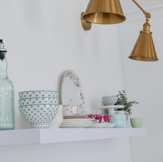 Cottage Farmhouse kitchen open shelving decor.