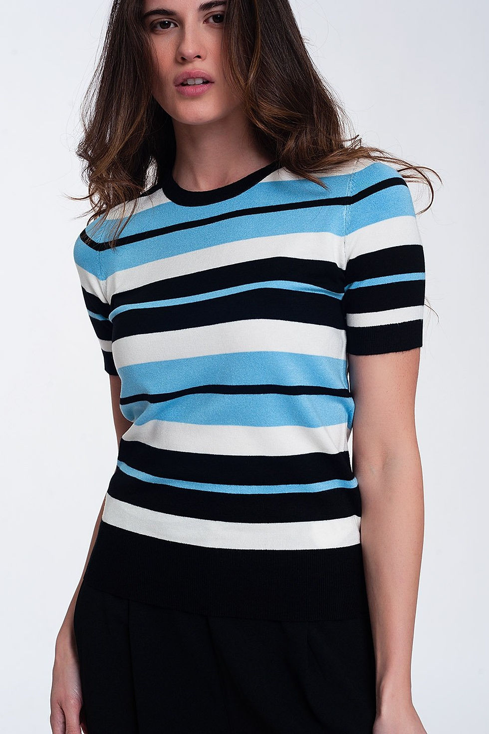 Thumbnail: Crew Neck Boxy Jumper with Multi Stripes in Blue folded flat lay